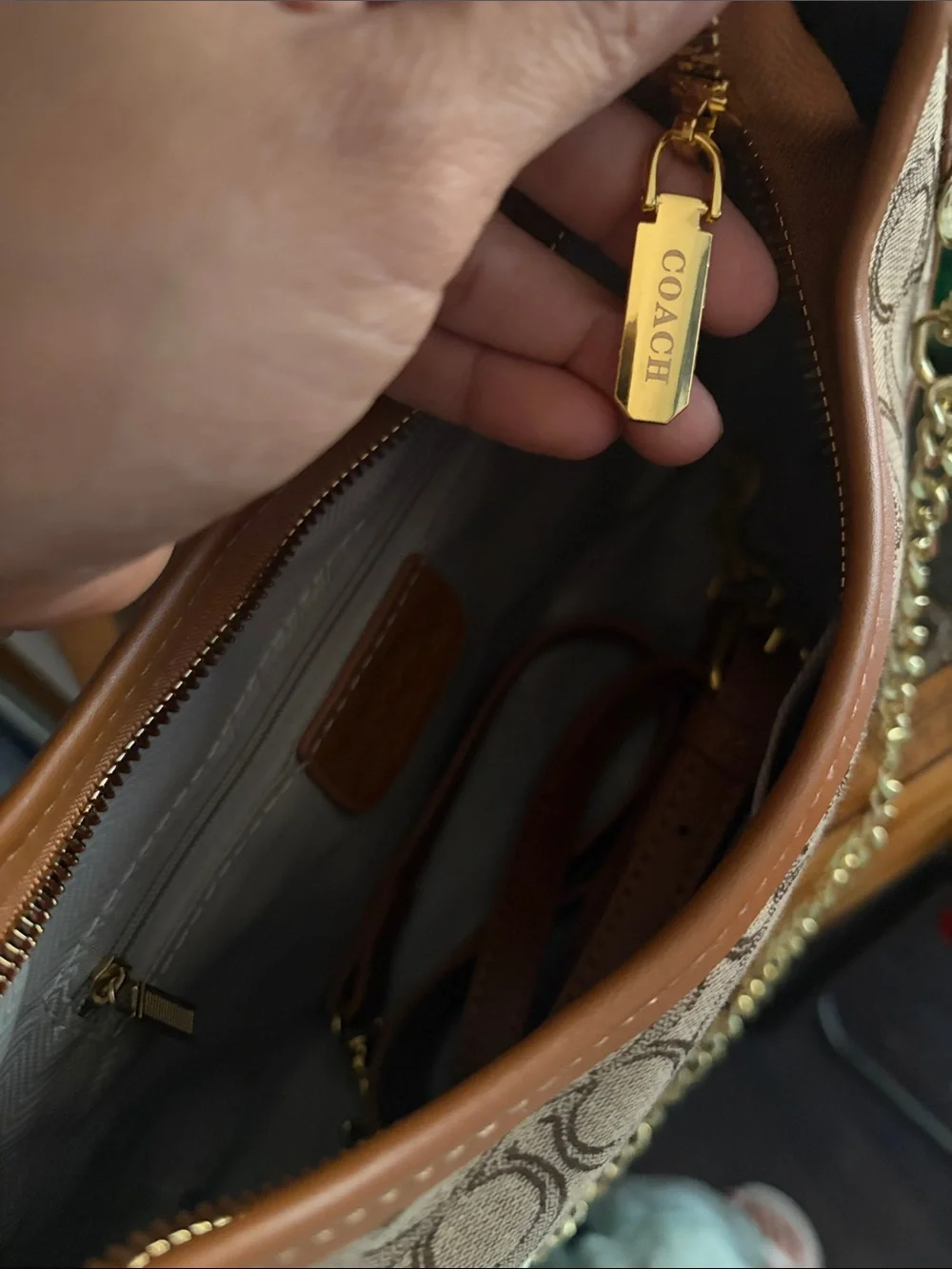 Coach Tan/Brown Signature Jacquard Shoulder Bag with Gold Hardware